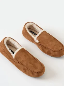 Threadbare Brown Faux Suede Faux Fur Lined Moccasin Slippers