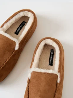 Threadbare Brown Faux Suede Faux Fur Lined Moccasin Slippers