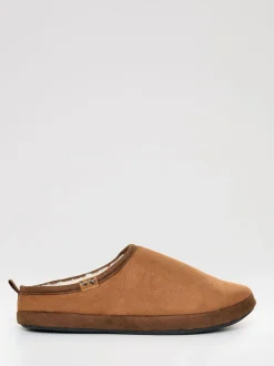 Threadbare Brown Faux Suede Faux Fur Lined Mule Slippers