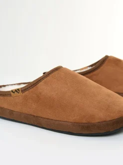Threadbare Brown Faux Suede Faux Fur Lined Mule Slippers