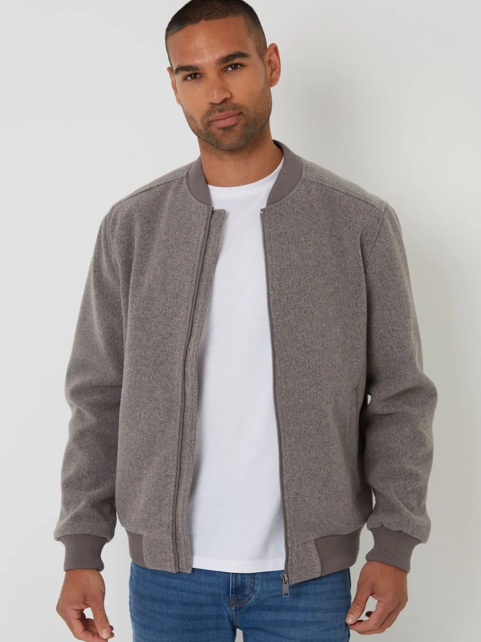 Threadbare Brown Faux Wool Brushed Bomber Jacket