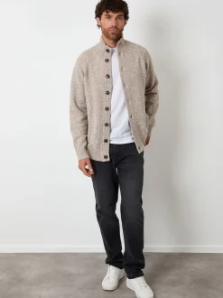 Threadbare Brown Funnel Neck Button Up Knitted Cardigan