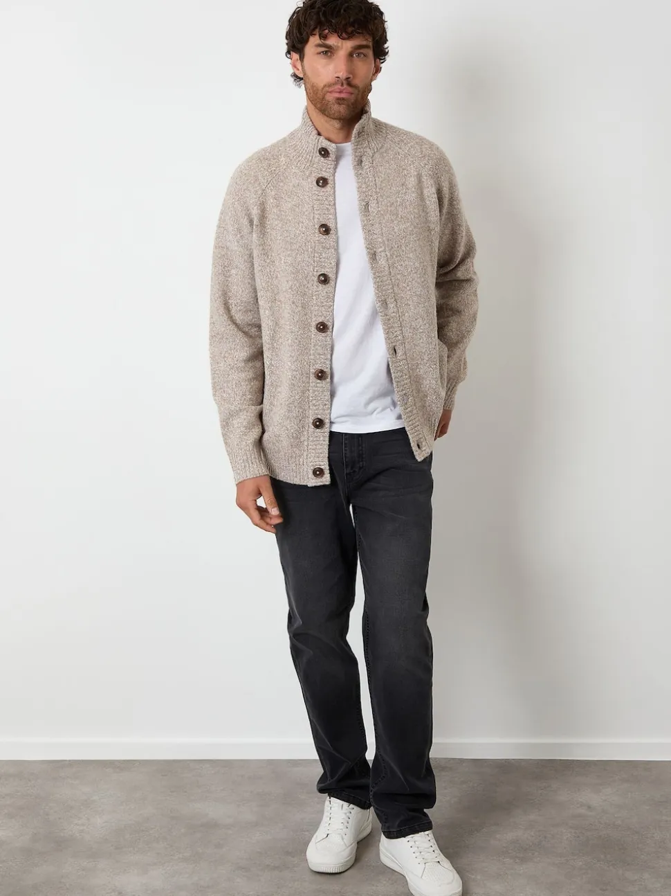 Threadbare Brown Funnel Neck Button Up Knitted Cardigan