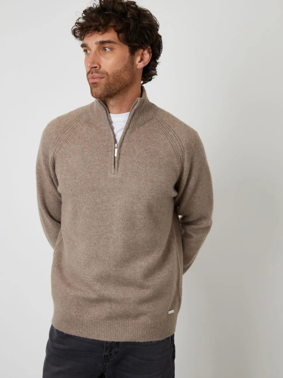 Threadbare Brown Raglan Rib Quarter Zip Knitted Jumper