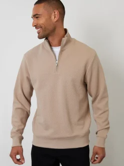 Threadbare Brown Textured Quarter Zip Sweatshirt