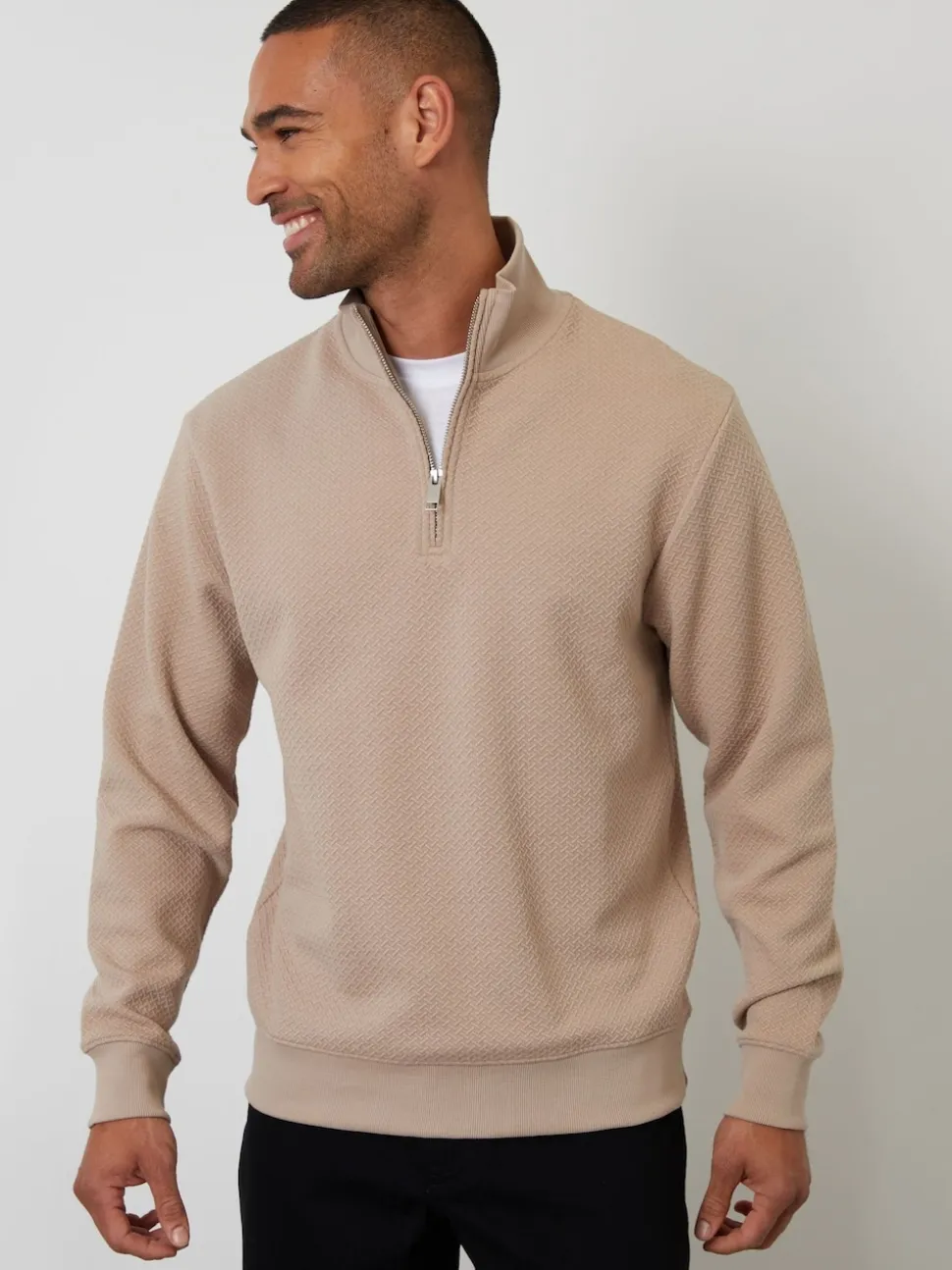 Threadbare Brown Textured Quarter Zip Sweatshirt