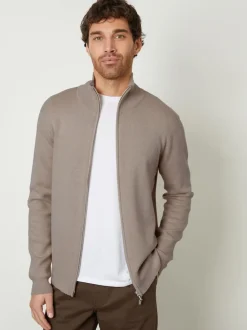 Threadbare Brown Zip-Through Funnel Neck Knitted Cardigan
