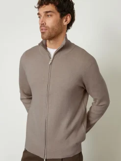 Threadbare Brown Zip-Through Funnel Neck Knitted Cardigan