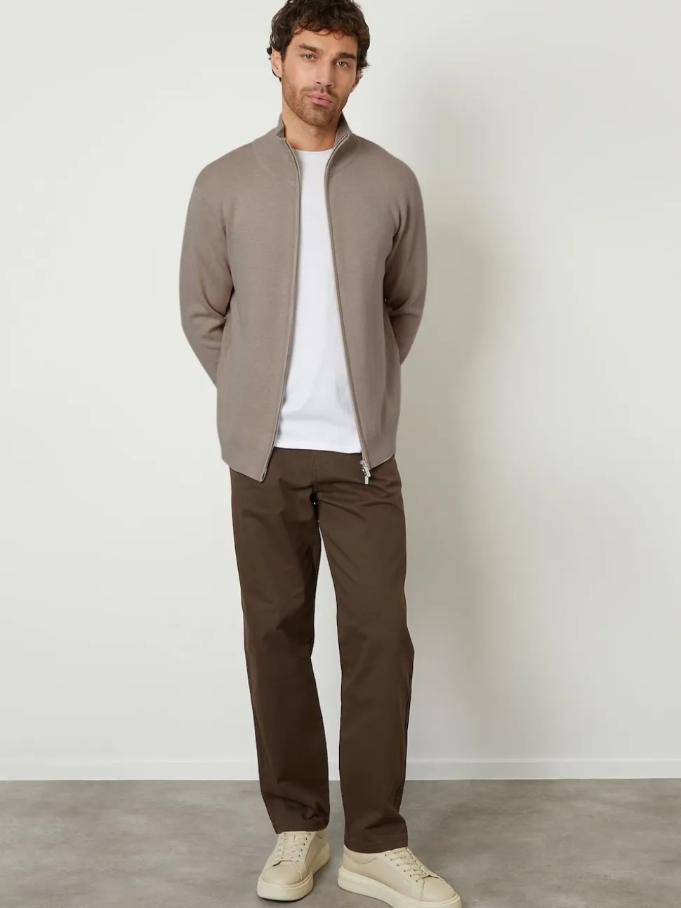 Threadbare Brown Zip-Through Funnel Neck Knitted Cardigan