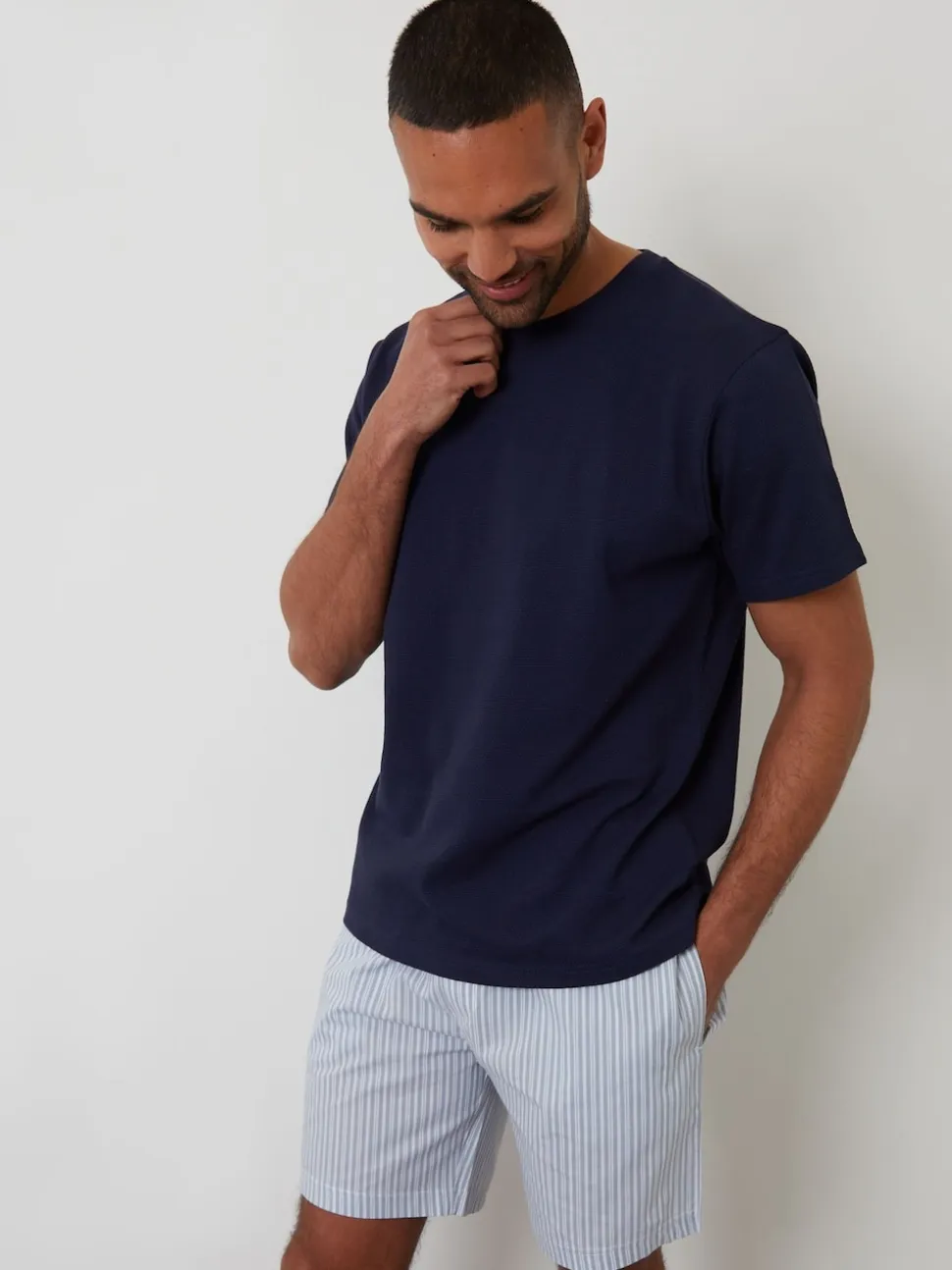 Threadbare Dark Blue Textured Shortie 100% Cotton Pyjamas Set