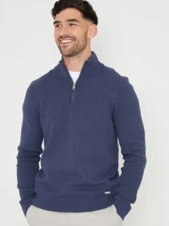 Threadbare Denim Blue Cotton Blend Knitted Quarter Zip Jumper