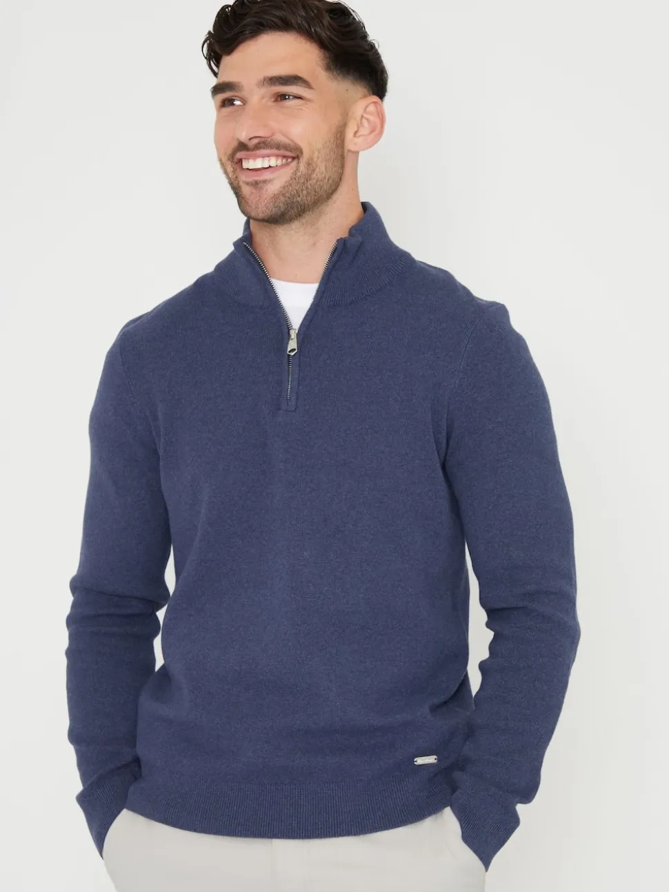 Threadbare Denim Blue Cotton Blend Knitted Quarter Zip Jumper