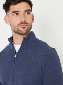 Threadbare Denim Blue Cotton Blend Knitted Quarter Zip Jumper