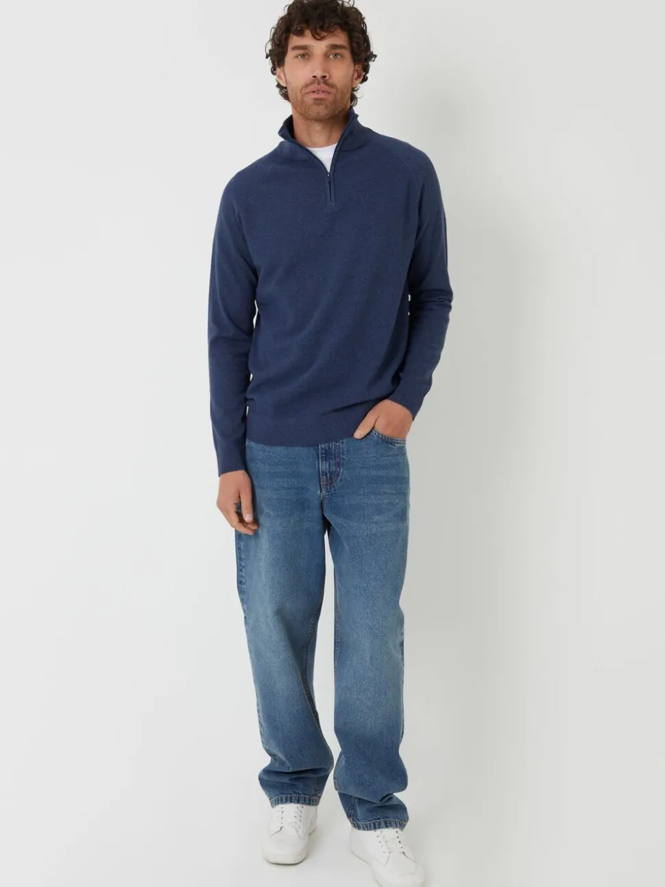 Threadbare Denim Blue Textured Knit Quarter Zip Jumper