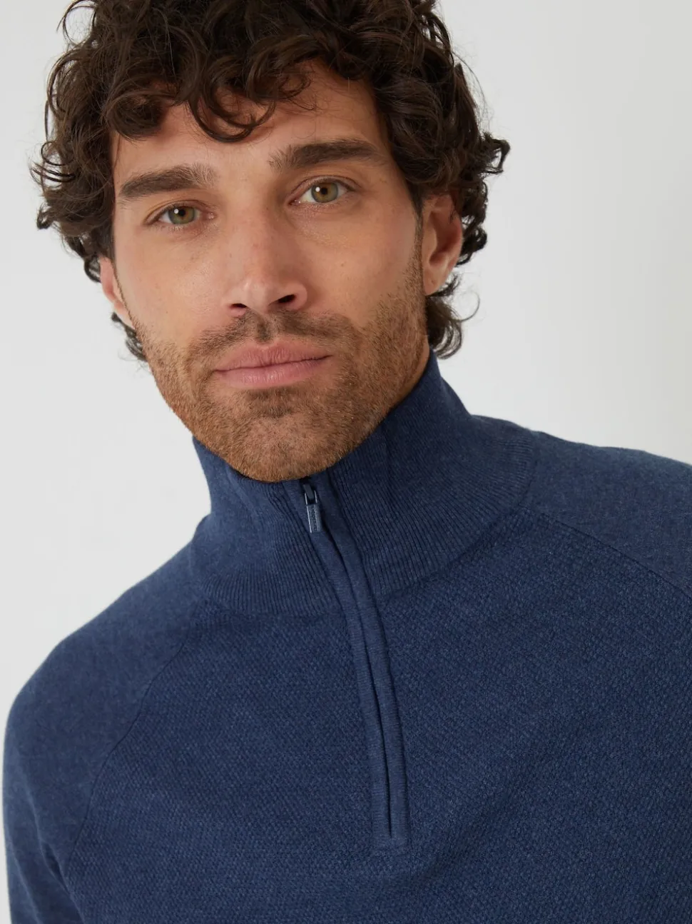 Threadbare Denim Blue Textured Knit Quarter Zip Jumper