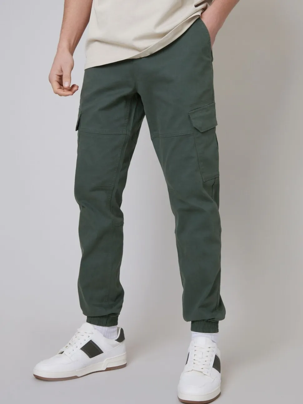 Threadbare Green Cotton Jogger Style Cargo Trousers With Stretch