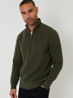 Threadbare Green Rib Panel Quarter Zip Knitted Jumper