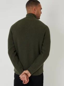 Threadbare Green Rib Panel Quarter Zip Knitted Jumper