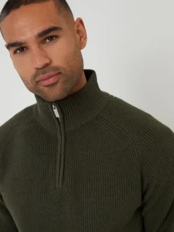 Threadbare Green Rib Panel Quarter Zip Knitted Jumper