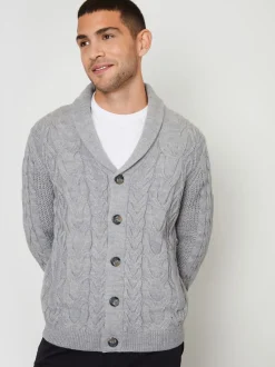Threadbare Grey Cable Knit Shawl Collar Cardigan With Wool