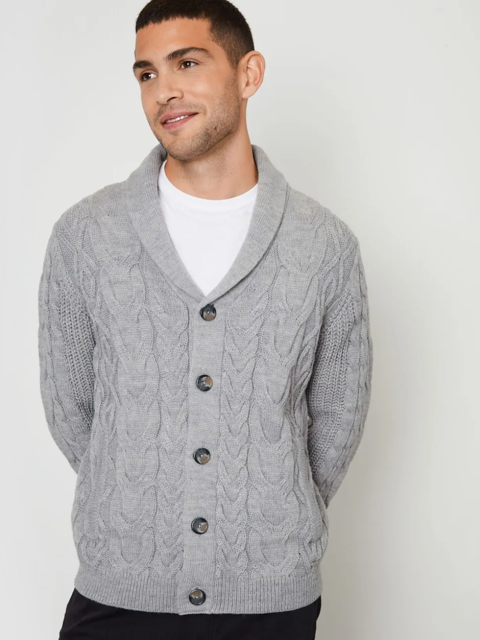 Threadbare Grey Cable Knit Shawl Collar Cardigan With Wool