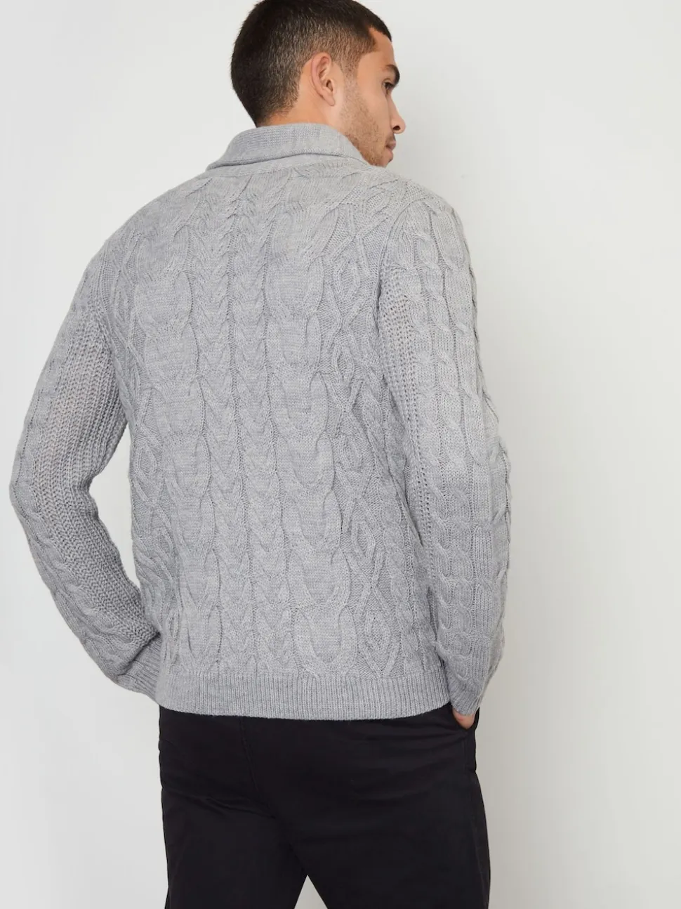 Threadbare Grey Cable Knit Shawl Collar Cardigan With Wool