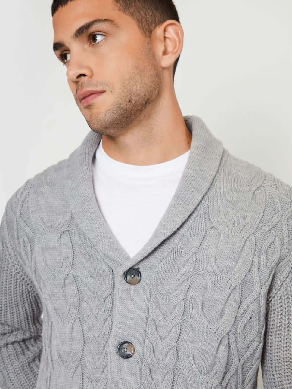 Threadbare Grey Cable Knit Shawl Collar Cardigan With Wool