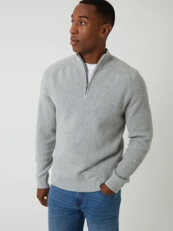 Threadbare Grey Rib Panel Quarter Zip Knitted Jumper