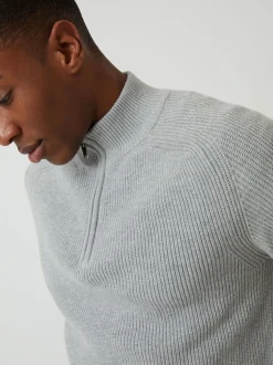 Threadbare Grey Rib Panel Quarter Zip Knitted Jumper
