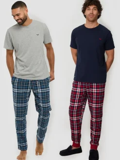 Threadbare Grey Short Sleeve T-Shirt & Check Trousers Pyjamas Set 2 Pack