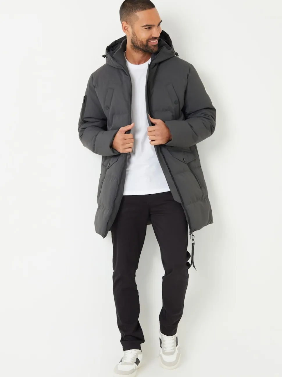 Threadbare Grey Showerproof Longline Padded Hooded Jacket