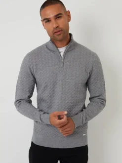 Threadbare Grey Textured Cable Knit Quarter Zip Jumper