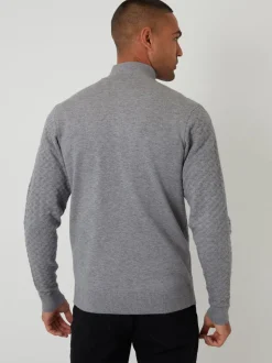 Threadbare Grey Textured Cable Knit Quarter Zip Jumper