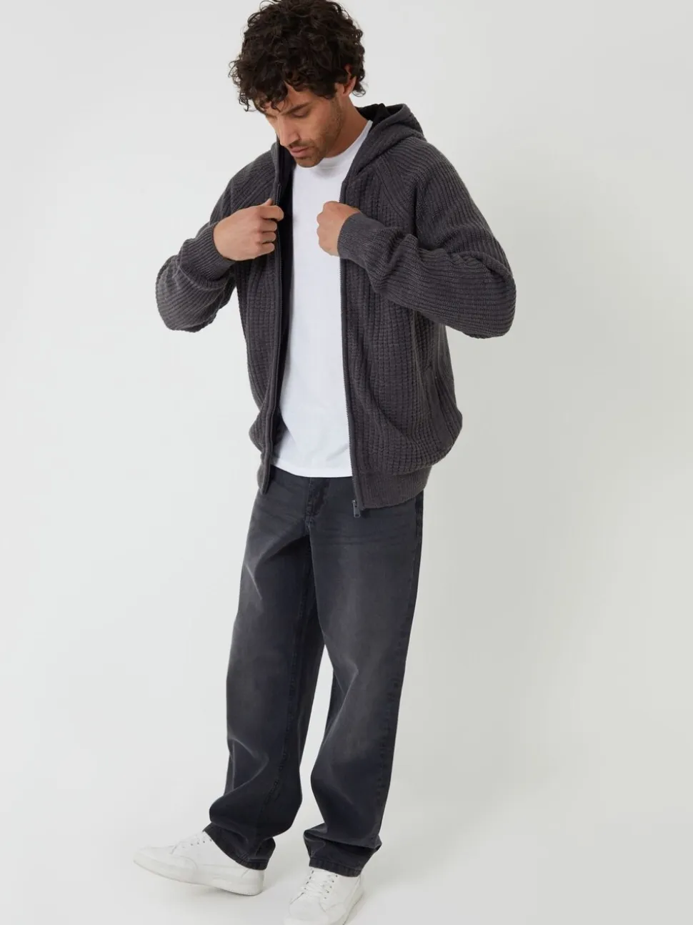 Threadbare Grey Zip-Up Knitted Hoodie with Microfleece Lining