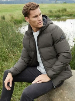 Threadbare khaki Green Black Showerproof Hooded Puffer Coat