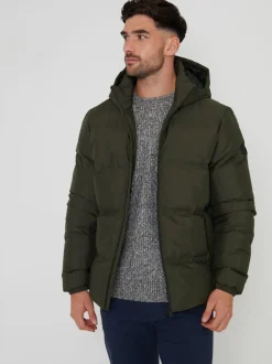 Threadbare khaki Green Black Showerproof Hooded Puffer Coat