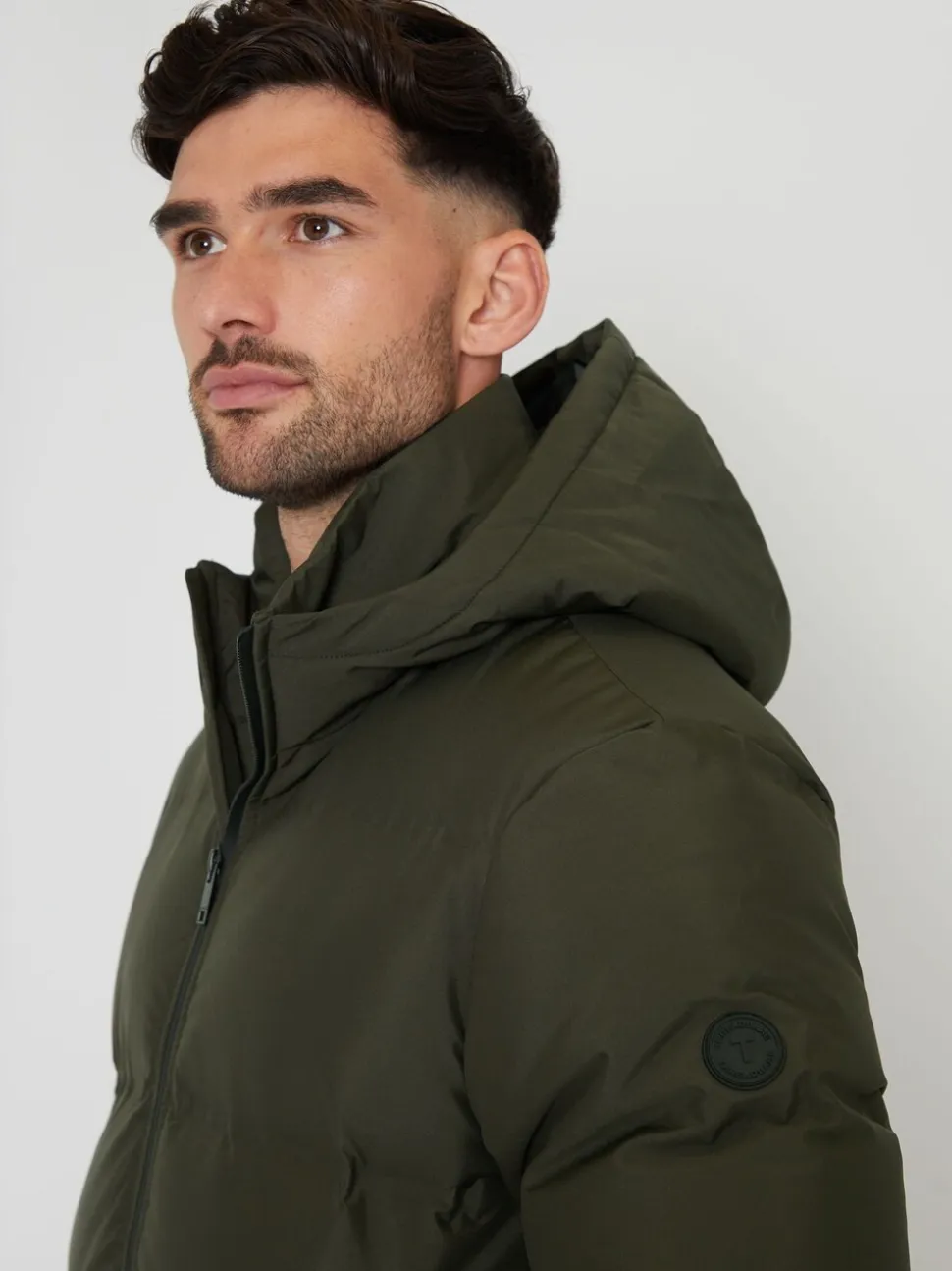 Threadbare khaki Green Black Showerproof Hooded Puffer Coat