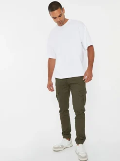 Threadbare khaki Green Cotton Blend Cuffed Cargo Pocket Trousers