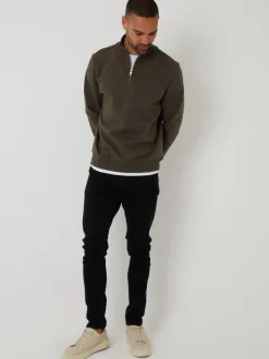 Threadbare Khaki Mock T-Shirt Quarter Zip Sweatshirt
