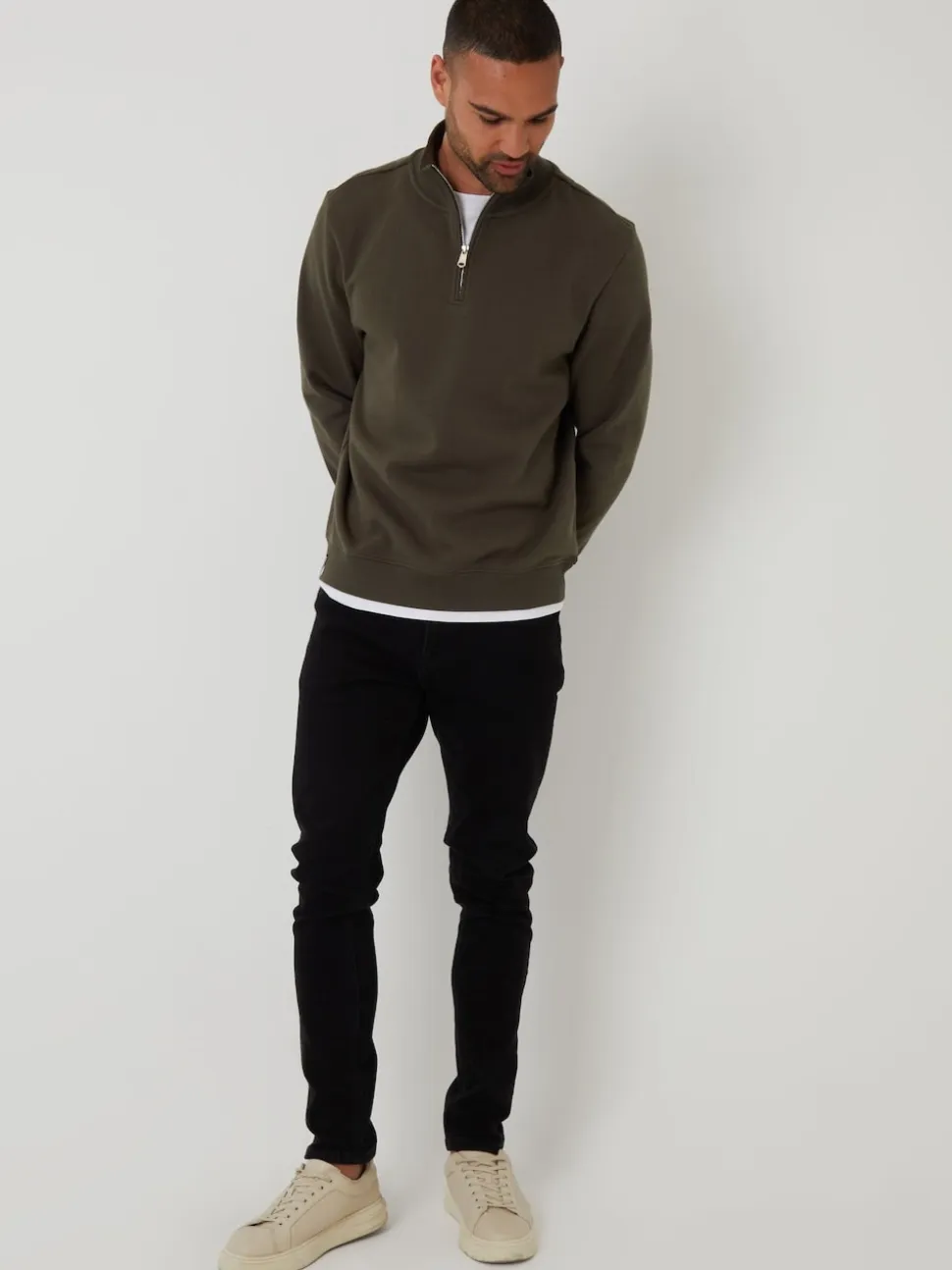 Threadbare Khaki Mock T-Shirt Quarter Zip Sweatshirt