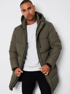 Threadbare Khaki Showerproof Hooded Longline Puffer Coat