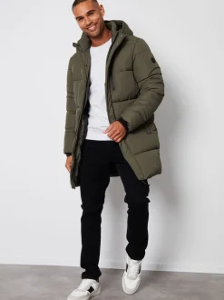 Threadbare Khaki Showerproof Hooded Longline Puffer Coat