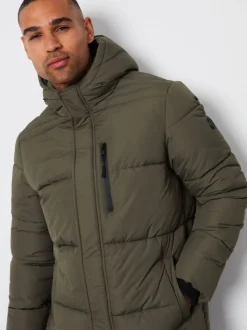 Threadbare Khaki Showerproof Hooded Longline Puffer Coat