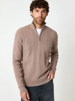 Threadbare Light Brown Cable Knit Quarter Zip Jumper