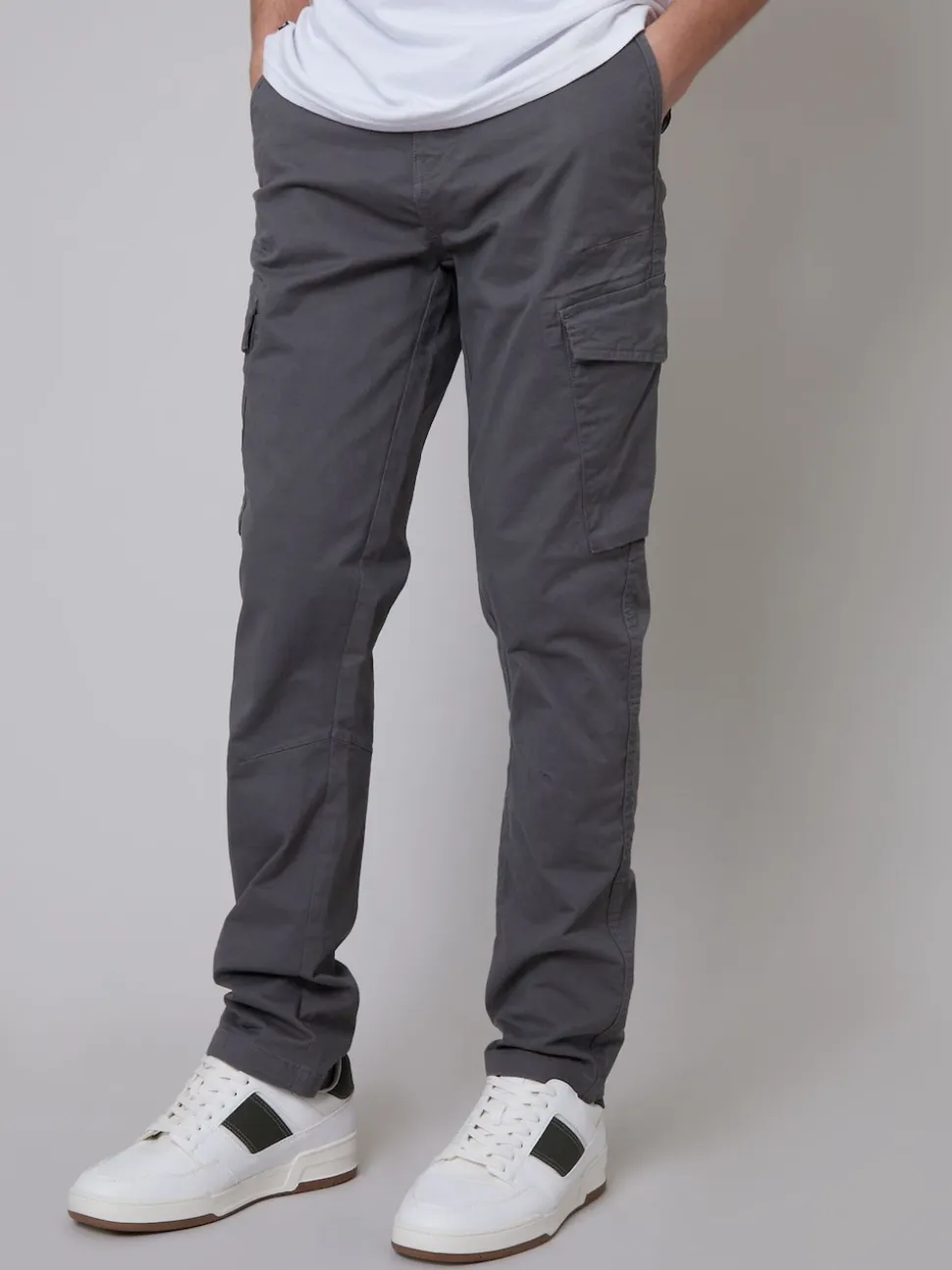 Threadbare Light Grey Cotton Cargo Trousers With Stretch