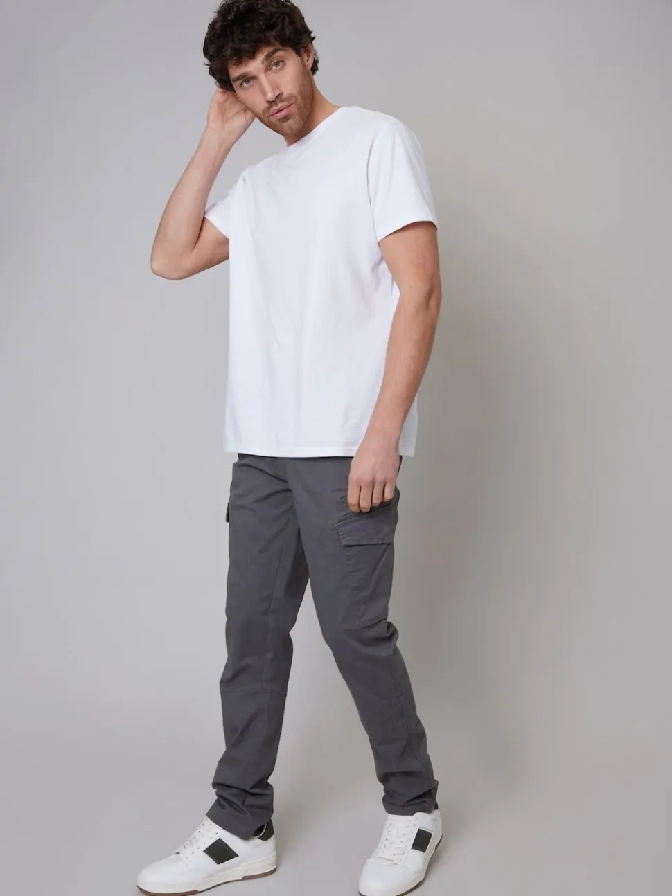 Threadbare Light Grey Cotton Cargo Trousers With Stretch
