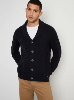 Threadbare Navy Cable Knit Shawl Collar Cardigan With Wool