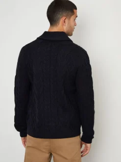 Threadbare Navy Cable Knit Shawl Collar Cardigan With Wool