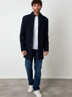 Threadbare Navy Faux Wool Mock Layer Longline Trench Coat