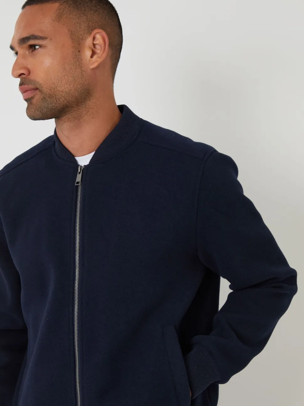 Threadbare Navy Faux Wool Brushed Bomber Jacket